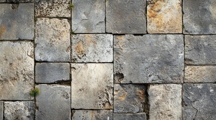 Fototapeta premium A close-up of the stone wall, with its natural and elegant texture, features rectangular slabs arranged in straight lines to create an overall pattern. The background is neutral gray tones.