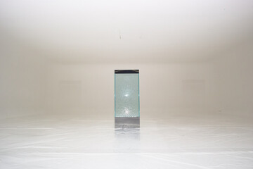 Circulating water inside the polycarbonate panel permanently provides a healing and spiritual vibe, set in a photo shooting studio with a white background in Japan.