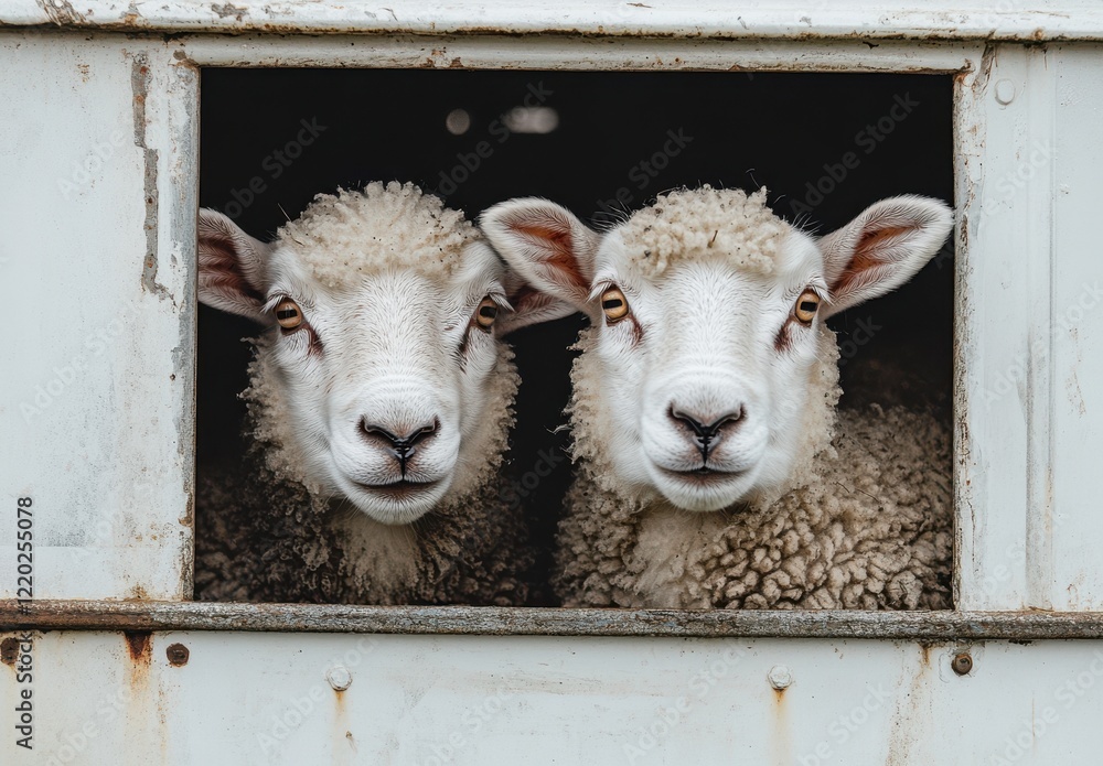 Poster two curious sheep looking out through a window of a farm trailer with soft white wool and gentle exp