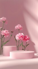 Naklejka premium Soft Pink Flowers and Minimalist Display Pedestals on Pastel Background