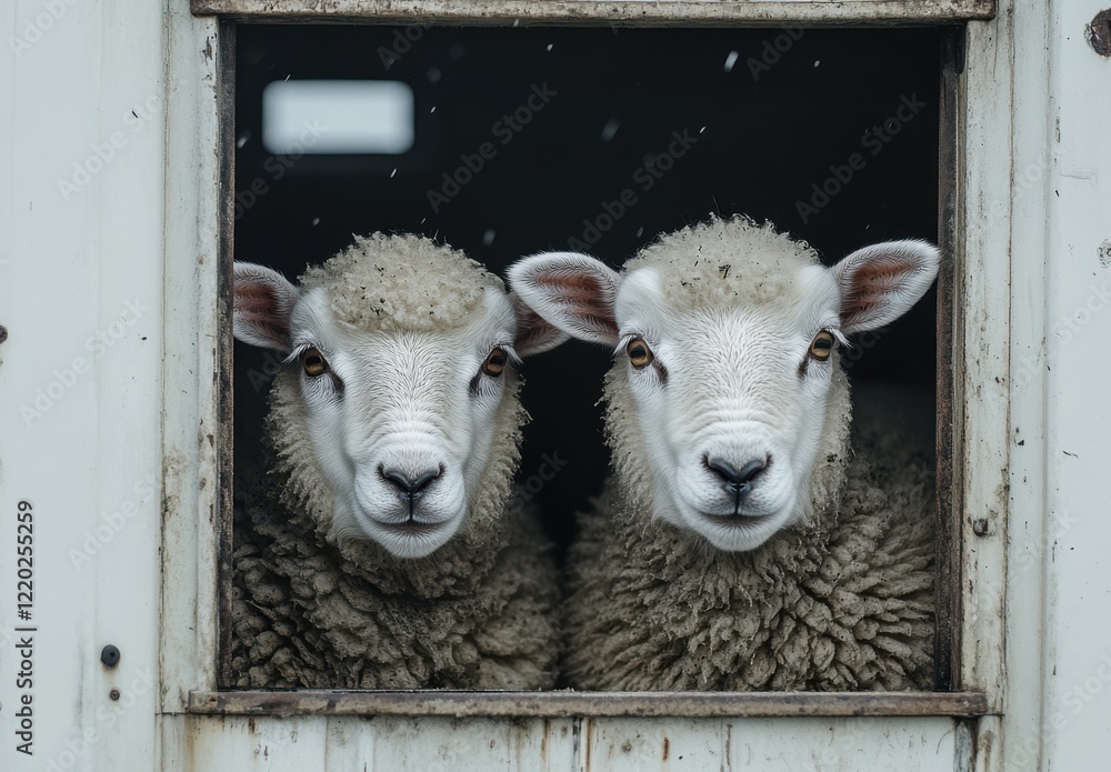 Poster two curious sheep peering out from a rustic farm window surrounded by snowflakes with soft wool and 
