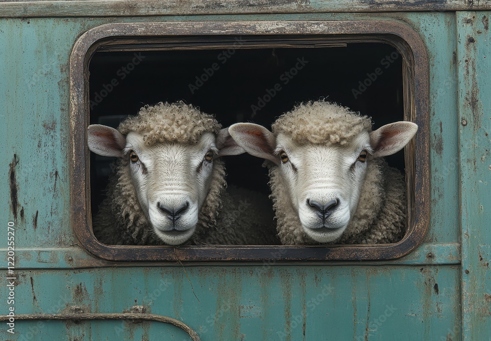 Poster two curious sheep peeping out of window in an old rustic vehicle with weathered green paint and text