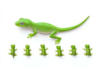 Obraz premium A vibrant green gecko and smaller lizards arranged in a line on a white background, showcasing their colors and forms