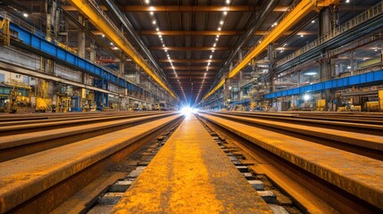 Industrial factory interior with railway tracks.