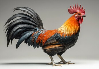 Fototapeta premium Vibrant Rooster with Striking Plumage Displaying Bold Colors and Unique Feather Patterns Against a Neutral Background, Perfect for Farm and Nature Themes