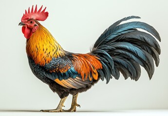 Fototapeta premium Vibrantly Colored Rooster with Striking Plumage Showcasing Rich Hues of Orange, Blue, and Black Against a Neutral Background Ideal for Nature and Farm Themes
