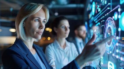 business team interacts with futuristic holographic interface, focusing on data analysis and collaboration in modern office environment