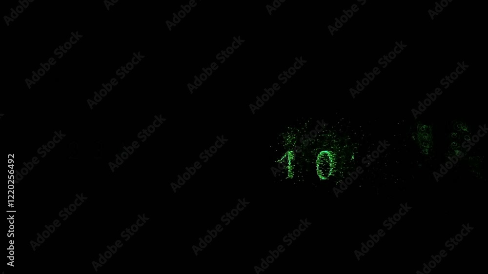 Poster dynamic digital countdown with green glowing particles in dark background effects