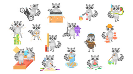 Obraz premium Big Set Abstract Collection Flat Cartoon Different Animal Raccoons Vector Design Style Elements Fauna Wildlife