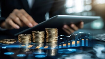 Financial Growth Concept with Coins, Chart, and Tablet in Business Environment