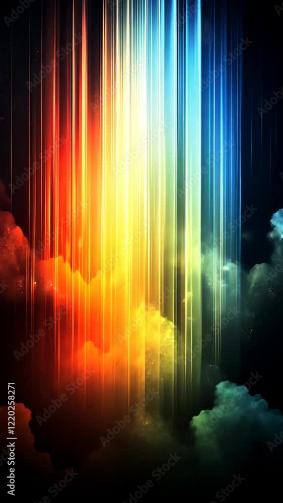 Poster colorful vertical lines blend in a gradient against a dark background with clouds of various shades