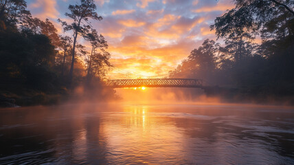 Picturesque Wooden Bridge Over a Flower Lined Stream