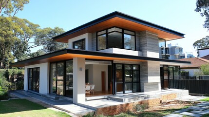 Fototapeta premium Modern two-story house with large windows and flat roof.