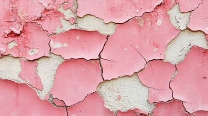 A close-up of an old red plaster wall with visible cracks, painted in shades of pink and white. The texture is rough and textured