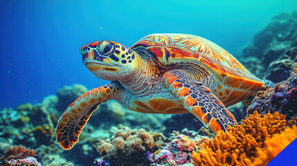 Fototapeta premium Sea Turtle Amidst Coral Reef: A captivating sea turtle, adorned with vibrant orange, red, and brown markings, glides through a vibrant coral reef teeming with life.