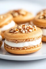 Fototapeta premium Delicious baklava cream sandwich cookies arranged on a white platter, showcasing golden-brown cookies filled with creamy white filling and topped with chopped nuts