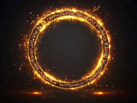 Fiery magic circle with runes on dark background, ideal for fantasy projects