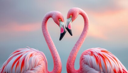 Obraz premium Two Flamingos Forming A Heart Shape At Sunset