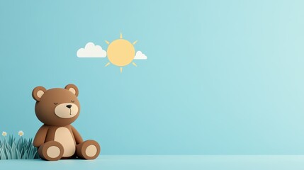 Fototapeta premium Charming pastel illustration of a bear sitting peacefully in a sunny meadow under a clear blue sky, enjoying the warmth and serenity of a tranquil afternoon
