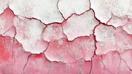 Obraz premium A close-up of an old red plaster wall with visible cracks, painted in shades of pink and white. The texture is rough and textured