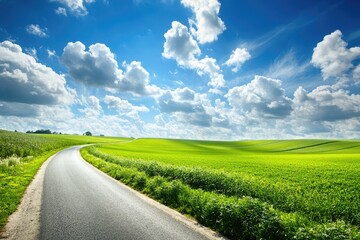 Prairie landscape extending to the horizon, vibrant green fields under a sky dotted with fluffy clouds, each casting shadows on the ground below, with a winding country road adding depth.