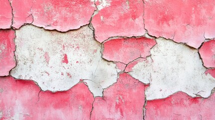 Obraz premium A close-up of an old red plaster wall with visible cracks, painted in shades of pink and white. The texture is rough and textured