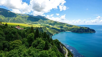 Fototapeta premium Stunning Coastal Mountain Landscape with Lush Green Hills