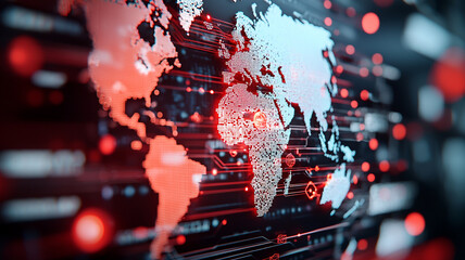 Abstract digital illustration showing a global network in red and blue hues, with intricate circuit patterns over a world map. The image highlights international interconnectedness and data flow.