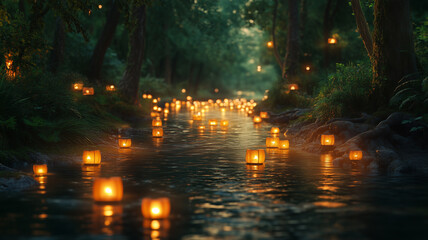 Enchanted Forest Path with Glowing Candles in the Rain