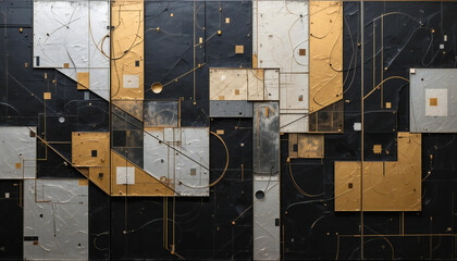 a gold, black and silver painting cubist style on a rough wall texture