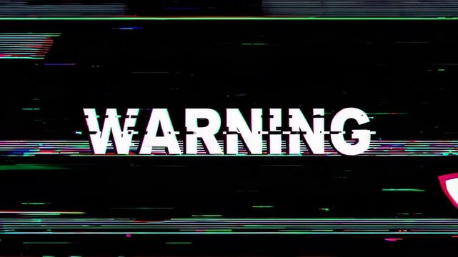 Warning text pulses in digital void. Static camera position with RGB splitting effect. Horizontal scan lines sweep across frame. Text fragments, reassembles, distorts in cyclic pattern.