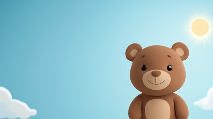 Fototapeta premium A charming pastel illustration features a joyful teddy bear standing beneath a radiant sun, surrounded by soft, fluffy clouds in a tranquil blue sky