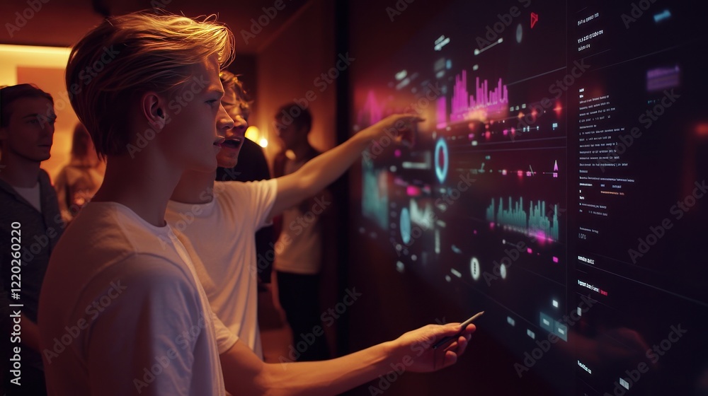 Poster young men analyzing data on a large interactive screen.