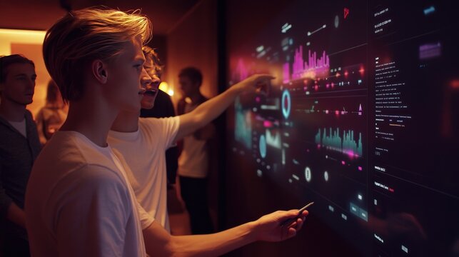 Young men analyzing data on a large interactive screen.