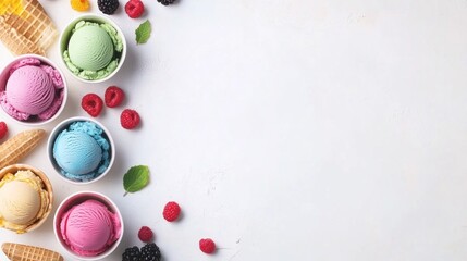 Colorful ice cream scoops with berries, cones. Food photography for menus, blogs