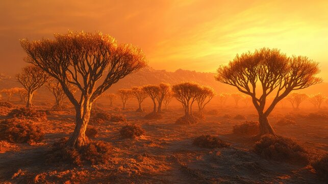 Quiver trees scattered across a barren landscape, illuminated by the golden-orange glow of sunset, creating a warm, earthy ambiance.