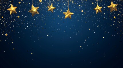 Naklejka premium Gold stars hanging on dark blue, festive background for celebrations