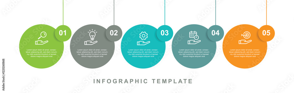 Poster Timeline process infographic template vector with icons and 5 step point circle line concept. 