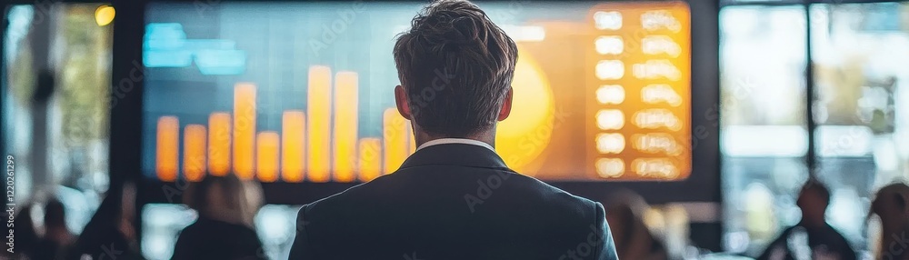 Poster businessman standing before data visualization screen in modern office environment with statistical 