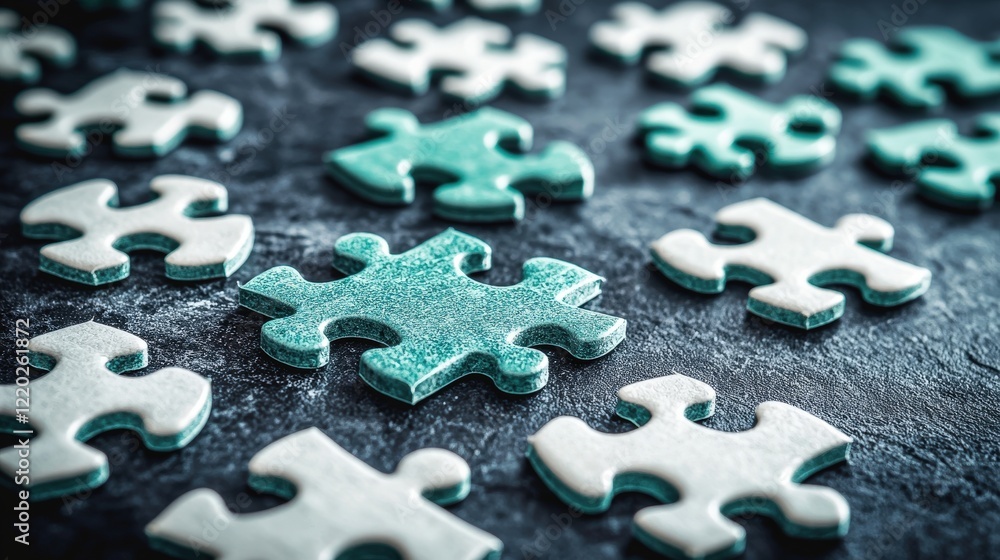 Poster puzzle pieces on dark surface, close-up of colorful elements, creative concept of problem solving an