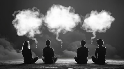 Three individuals sitting in a discussion circle, each with an abstract thought bubble above their heads, depicted in black and white sketch art style. Concept of brainstorming and collaborative think