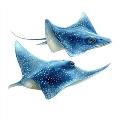 Two beautifully illustrated blue stingrays swimming gracefully in clear waters, showcasing their elegant forms