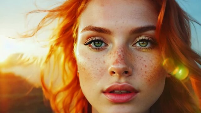 Striking video of a freckled woman with fiery red hair and piercing green eyes, framed by soft light and a foggy, serene natural background. Video made using Generative AI.