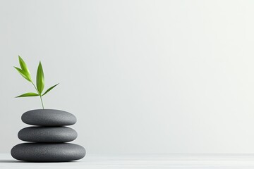 Minimalist design featuring stacked stones with a bamboo sprout on a serene, light background that captures the essence of Japanese aesthetics and tranquility