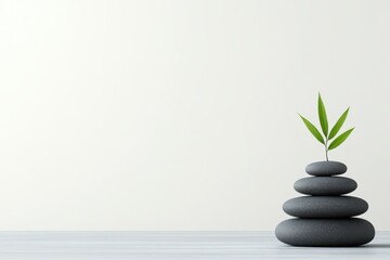 Minimalist arrangement of smooth stones with a single green sprout in a serene setting, emphasizing tranquility and balance in design