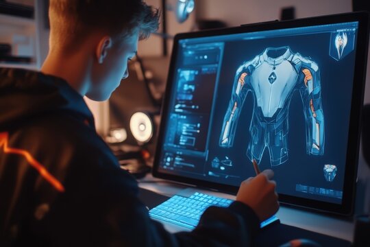 Focused teenager draws clothes for game character using 3d modeling program. Boy with digital pencil and tablet in hands sits in room, creates 3d models. Game design and development concept