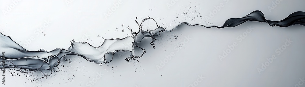 Poster a sleek, abstract image of black water splashes creating dynamic shapes against a light background.