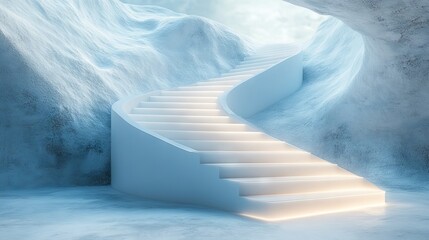 Glowing spiral staircase in icy cave.