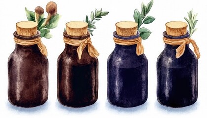 Four beautifully designed glass jars filled with herbs and spices, showcasing natural ingredients in a serene setting