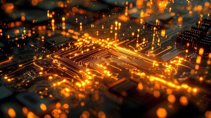 A futuristic circuit board characterized by vibrant light paths. 